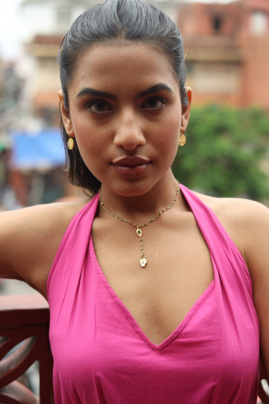 Ruby Zoisite Evil Eye & Dharma Necklace