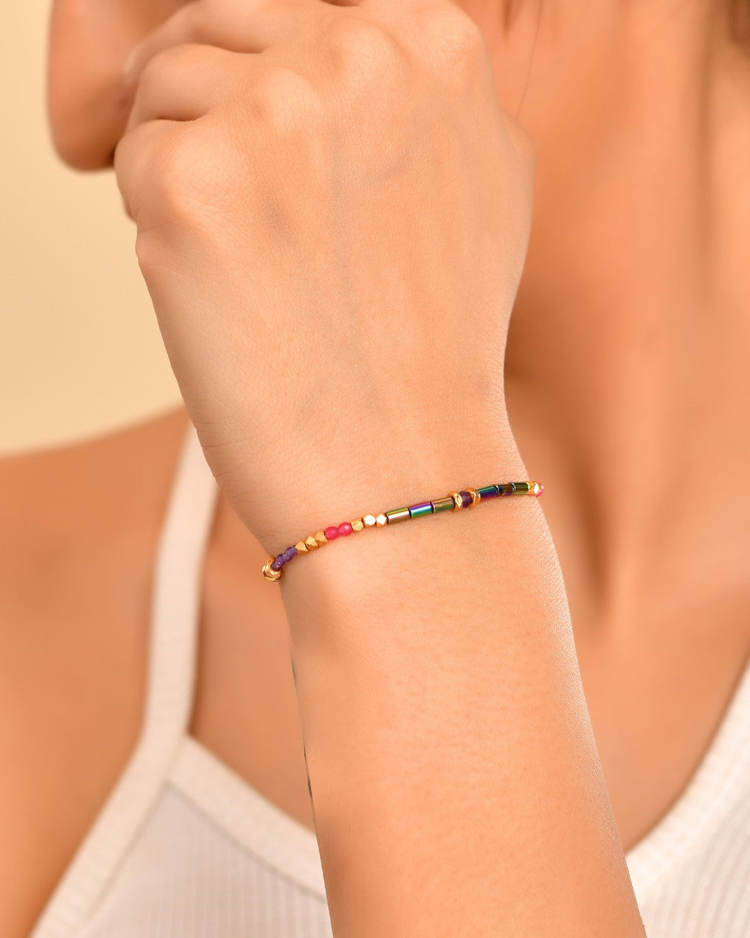 Balance Beads Rainbow Coated Hematite  Multi stone Bracelet