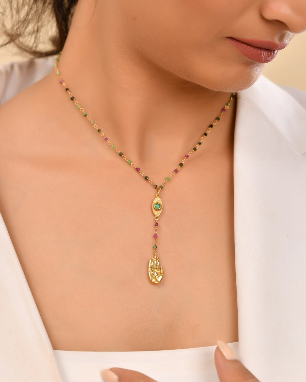 Ruby Zoisite Evil Eye & Dharma Necklace