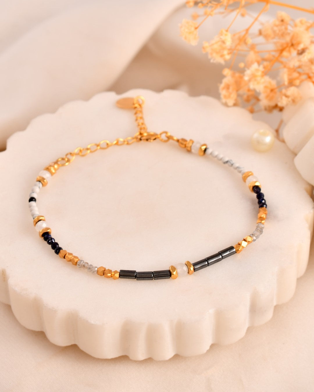 Balance Beads Gray Coated Hematite  Multistone Bracelet