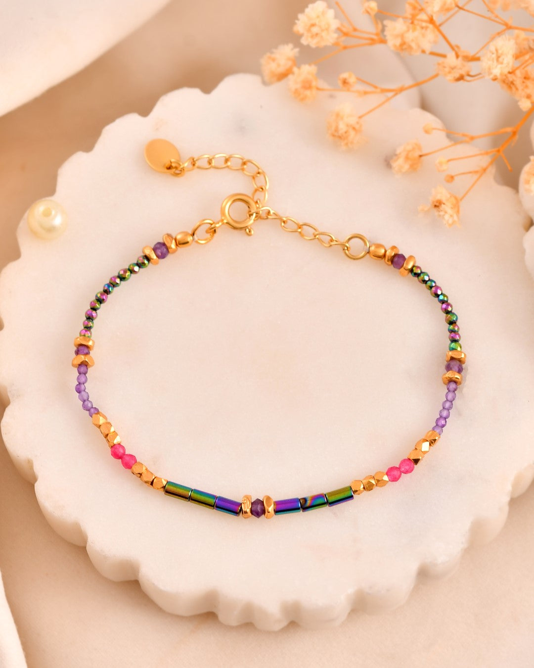 Balance Beads Rainbow Coated Hematite  Multi stone Bracelet